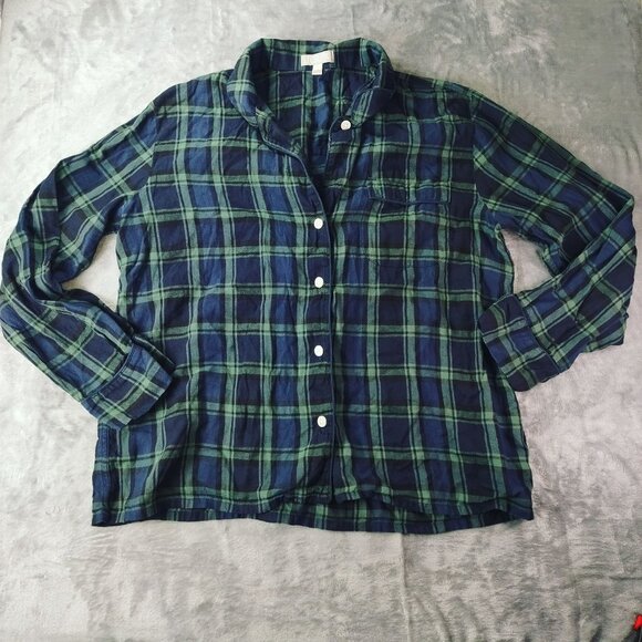 J. Crew Mens Flannel Long-Sleeve‎ Pajama Top in Black Watch Tartan Large Navy pJ - Picture 1 of 10
